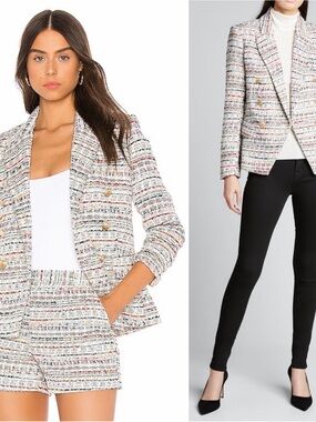 L'Agence Kenzie Double Breasted Orange Blue Multi Tweed Blazer Size 2